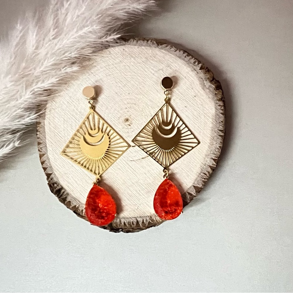 Delicate Statement Gold & Orange Dangle Earrings … - image 4